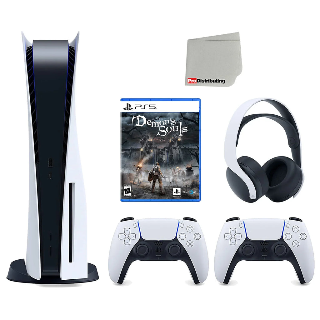 White with with Playstation Disc 3D Version Cloth and Console Extra PULSE 5 Souls Controller, White Bundle Cleaning Demon's Headset
