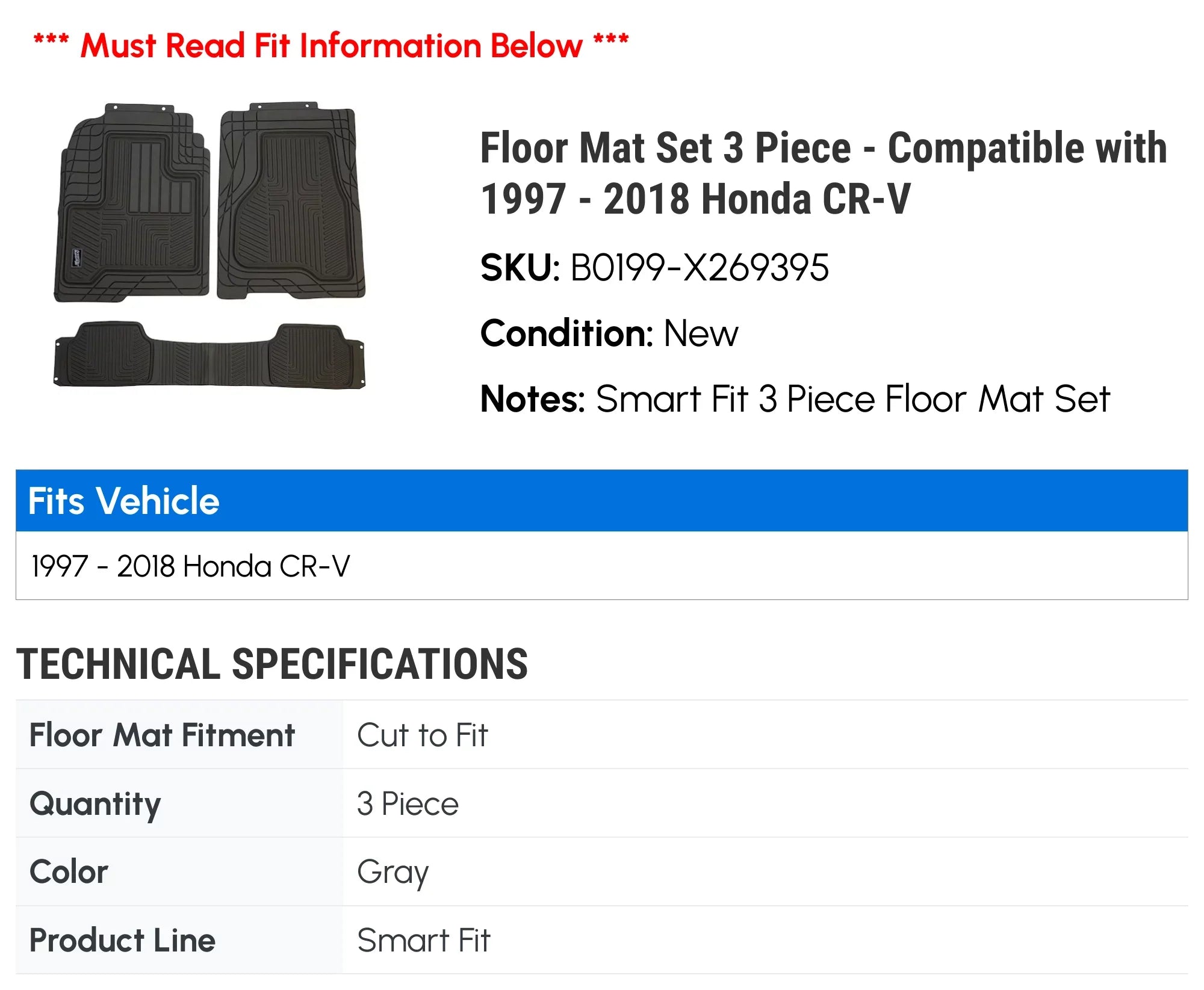 Honda - 2015 2013 1999 2003 2002 Floor 2004 2001 2010 2016 2018 2006 1997 2012 Piece 2014 Mat 1998 - Compatible 2011 2000 Set 2017 2008 3 2007 with CR-V 2005 2009