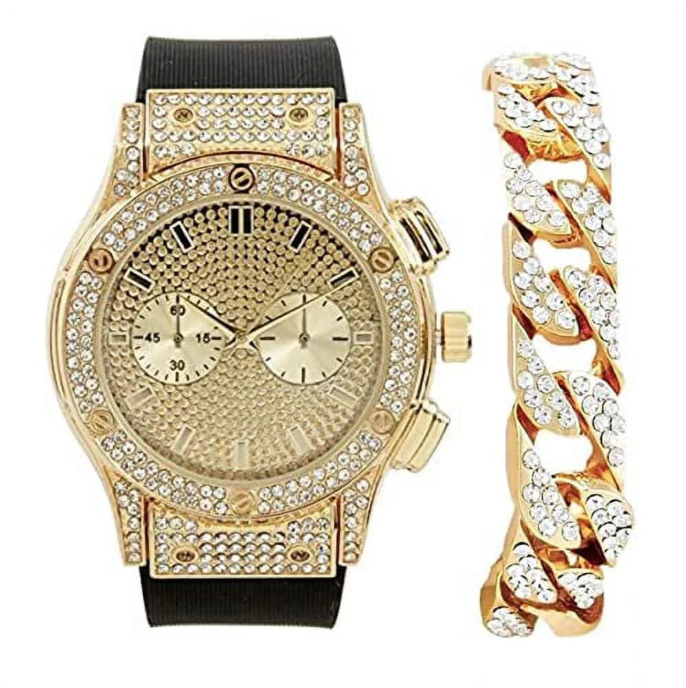 Blast Big Hop by Chrono Mens Cuban) Charles Out Diamond Inspired Timepiece - - Faux ST10311 - Bling Iced Rhinestones on Raymond - Hip Watch Rubber Eyes (Gold