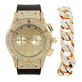 Blast Big Hop by Chrono Mens Cuban) Charles Out Diamond Inspired Timepiece - - Faux ST10311 - Bling Iced Rhinestones on Raymond - Hip Watch Rubber Eyes (Gold