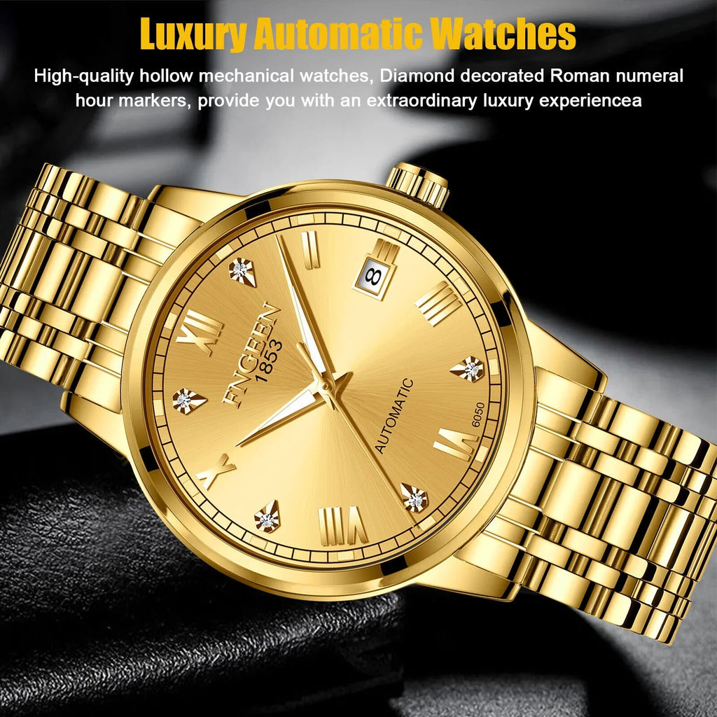 Stainless Tone Automatic Steel Watch Gold Wrist Men Waterproof Mechanical Luxury