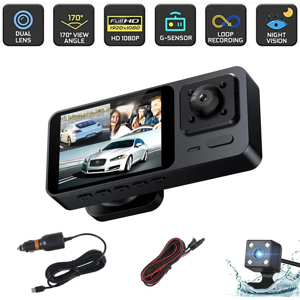 1080P Video Cam Front/Rear/Inside Recorder Car Dash 3 Dual Lens JLLOM HD Lens G-sensor Camera