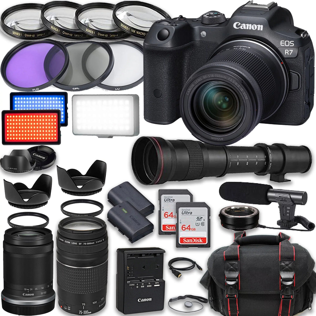 Canon HD IS EF Camera Extra Lenses, included: Video Battery, 420-800mm Cards, Accessories Memory 75-300mm More RF-S Microphone, STM with LED 2X Light, 64GB 18-150mm R7 III & EOS Case Mirrorless + +