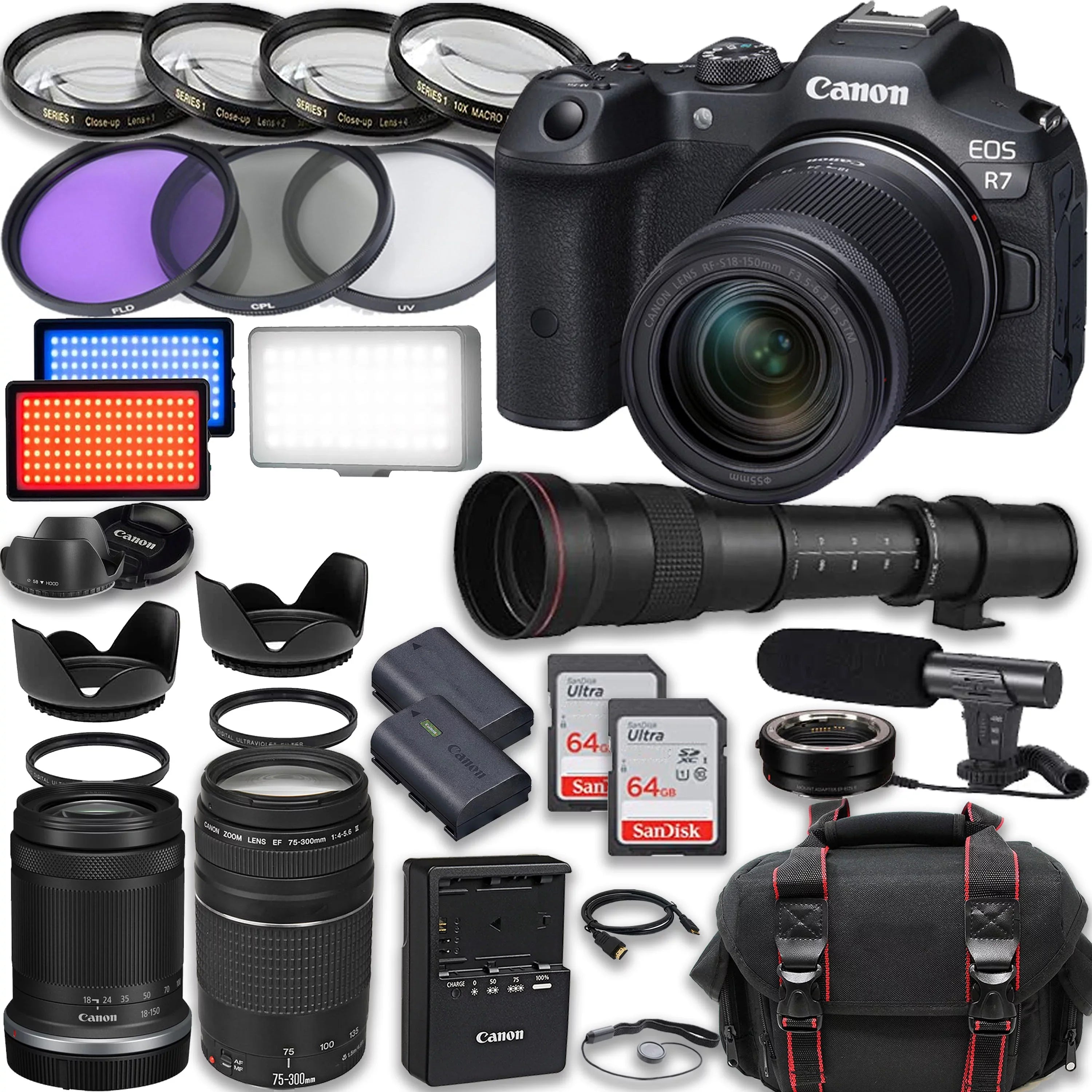 Canon HD IS EF Camera Extra Lenses, included: Video Battery, 420-800mm Cards, Accessories Memory 75-300mm More RF-S Microphone, STM with LED 2X Light, 64GB 18-150mm R7 III & EOS Case Mirrorless + +