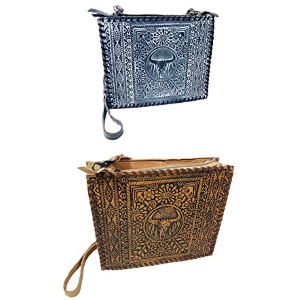 Skull Western Purse Leather Genuine Hand Cow Bag Crossbody Tote Large (Blue) Urbalabs Handbag Tooled Stitched Longhorn
