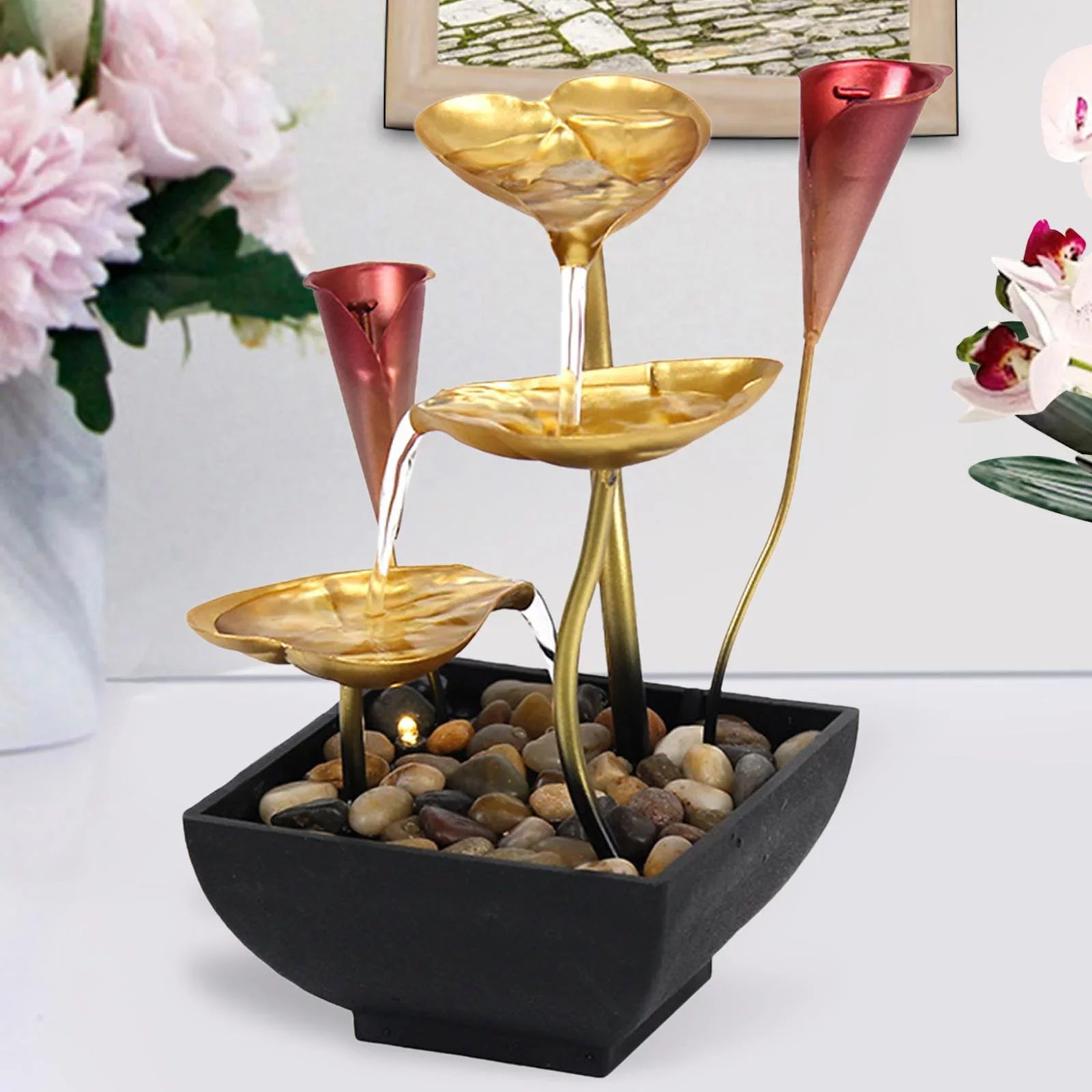 Light Home Farmhouse Tabletop Fountain Indoor for liquid LED liquid Garden Warm with Circular Fountain Waterfall Lighted Decoration