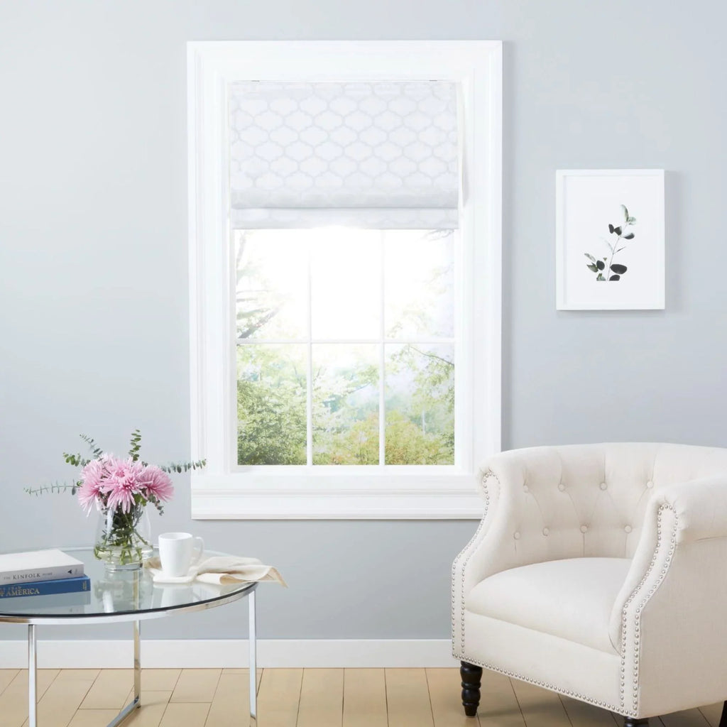 Blackout Exclusive Montague Roman White Home Shade, Total Trellis 31"x64",