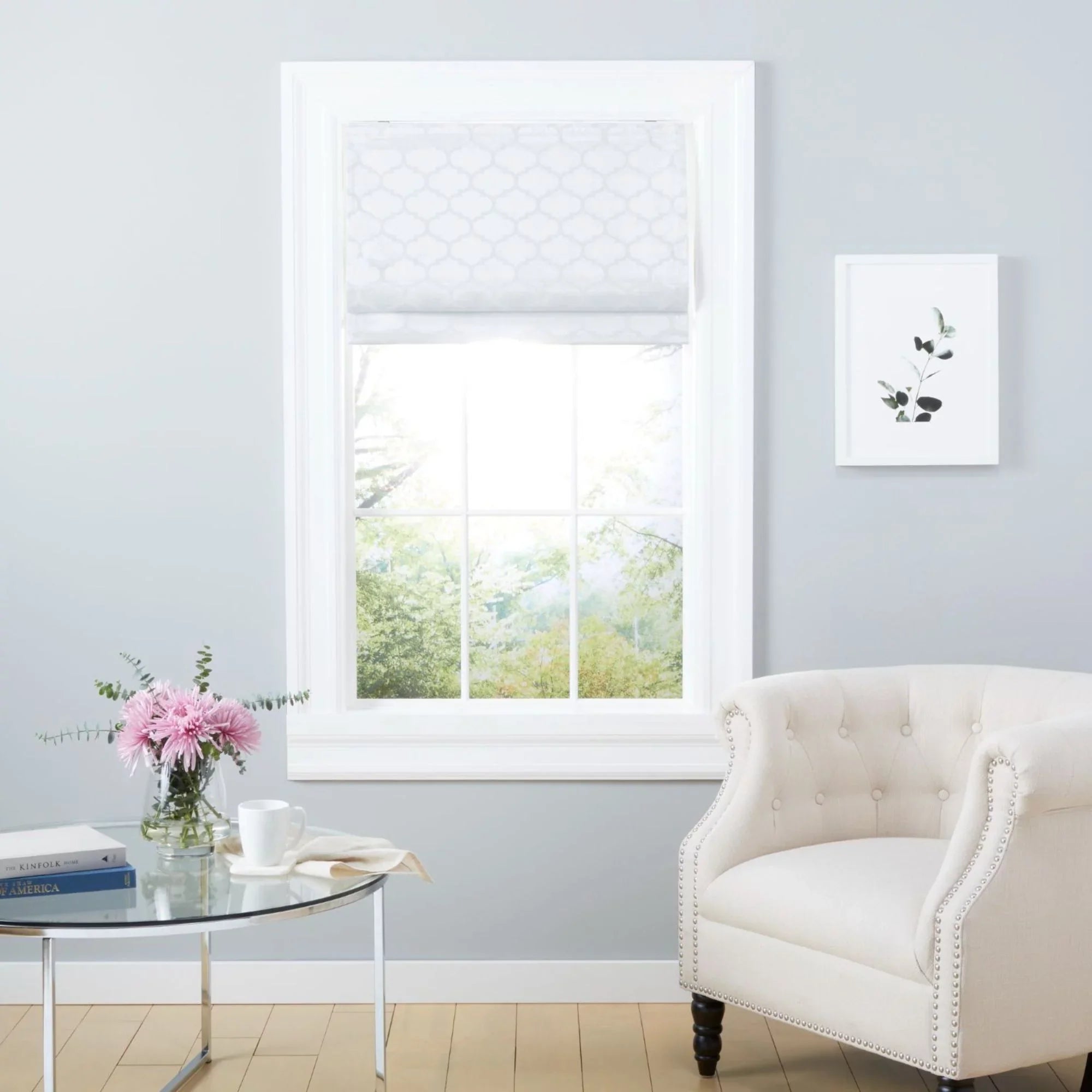 Blackout Exclusive Montague Roman White Home Shade, Total Trellis 31"x64",