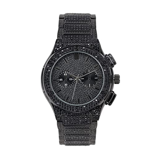 Iced - Big Cuban Hip Timepiece Watch Inspired Bling Faux Black Mens - Metal Blast Hop Rhinestones by - Eyes - Bracelet Diamond on w/Miami Out Chrono Cuban