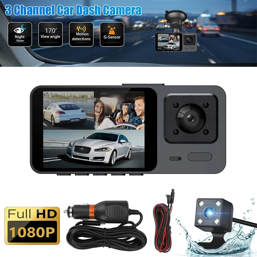 1080P Video Cam Front/Rear/Inside Recorder Car Dash 3 Dual Lens JLLOM HD Lens G-sensor Camera
