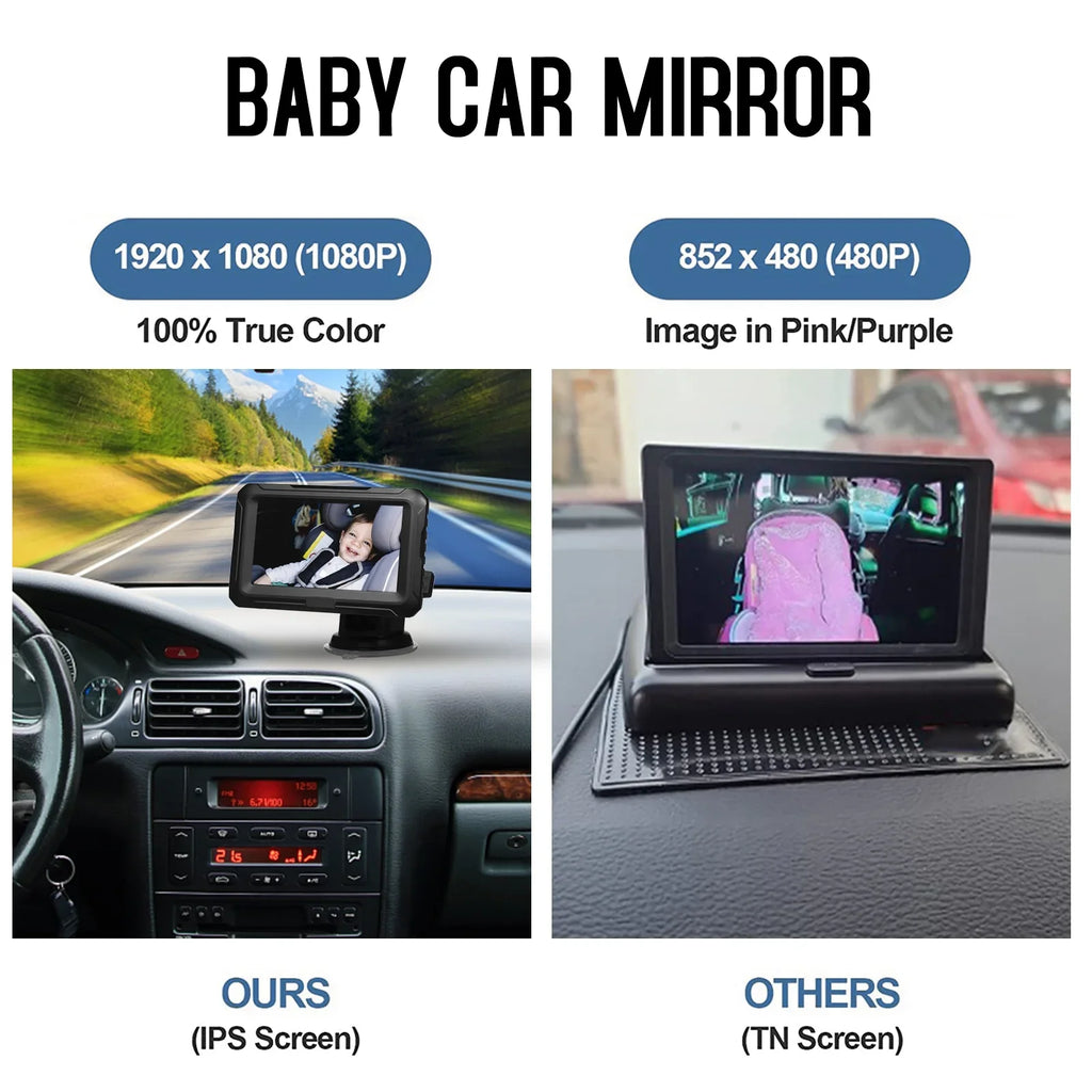 Car 1080P - Night Wide IPS Camera Baby and Pets Adjustable Kids, Angle Vision, 4.3’’ Screen, Infants, with Monitor for View Baby Mirror