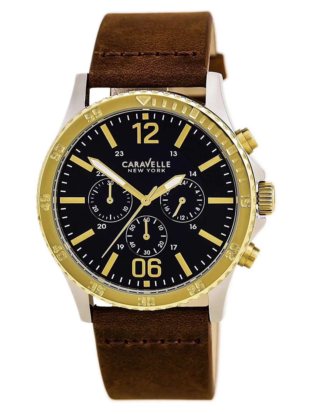 Leather Chronograph Men's Watch 45A135 Caravelle Brown Sport Strap Blue Dial