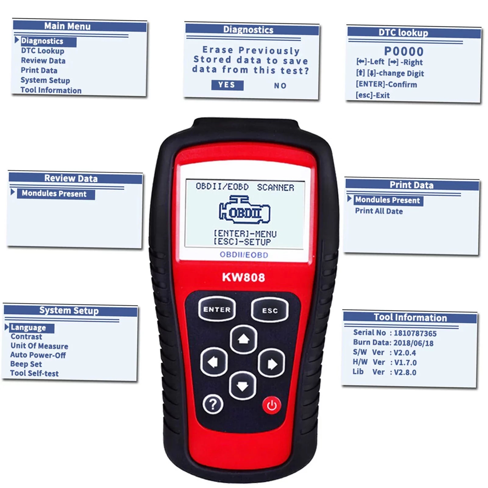 Reader Automotive Code KW808, Scanner Auto and Moobody OBDII/EOBD Scanner Car for Detection
