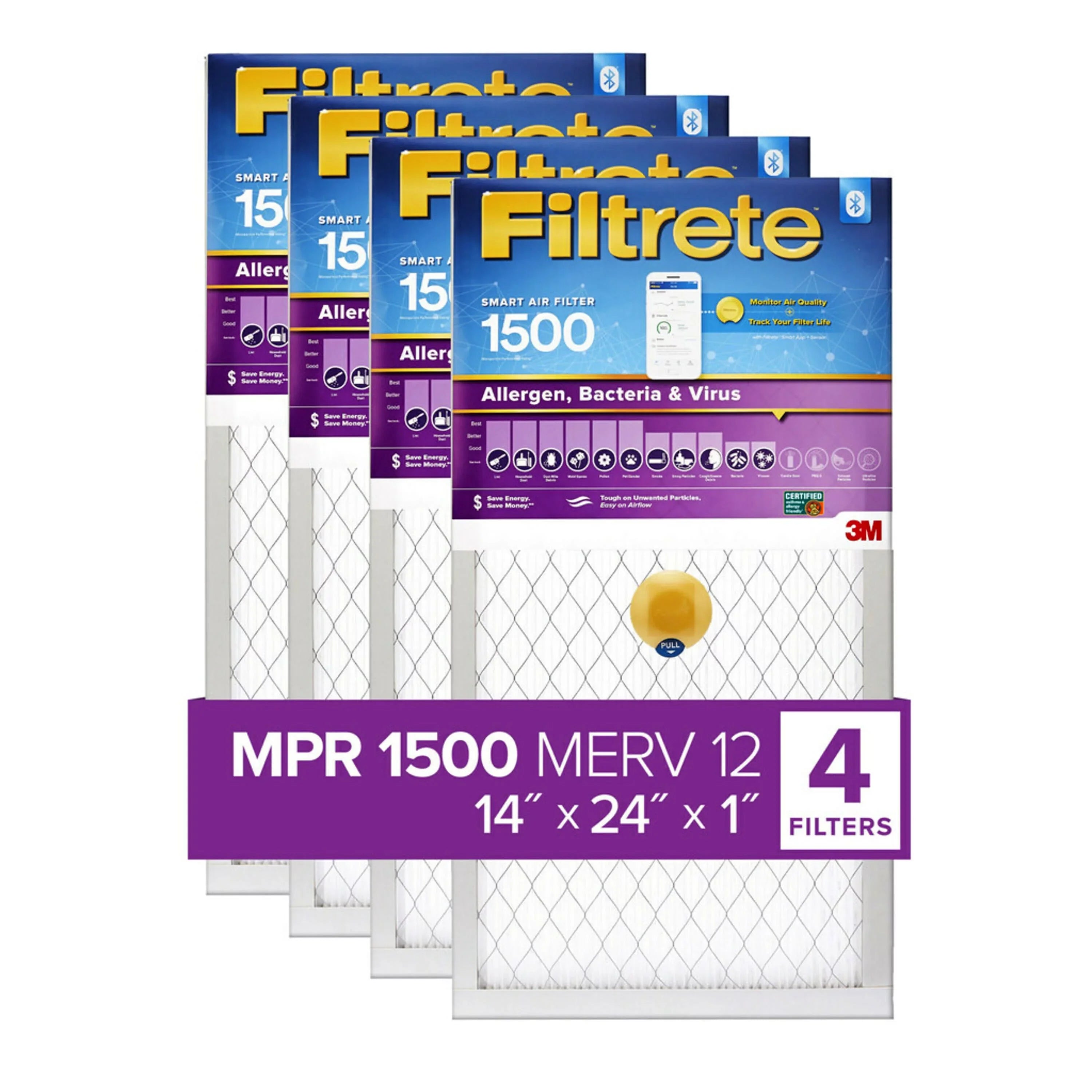 Bacteria Filtrete Smart & Virus Filter, 12, Air 3M Furnace HVAC 14x24x1, and MERV by Allergen, 1500 Filters MPR, 4