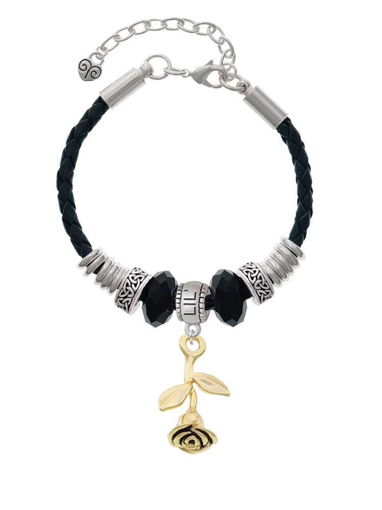 Delight Leather Goldtone Jewelry Extender 7"+2" Rose Knot Stemmed Big Bracelet, Bead Sister Celtic