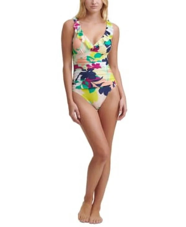 One Swimsuit, US Piece NAVY MULTI 6 Printed Ruffled DKNY