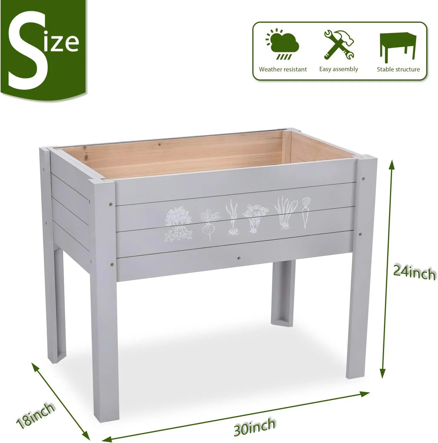 Bed Elevated Yard, for Bed, Raised Garden Vegetables Lawn x x Planter Grey 18 Garden Inch Light exterior Box for Kids Wooden 24 Grass Raised Raised Kids 30