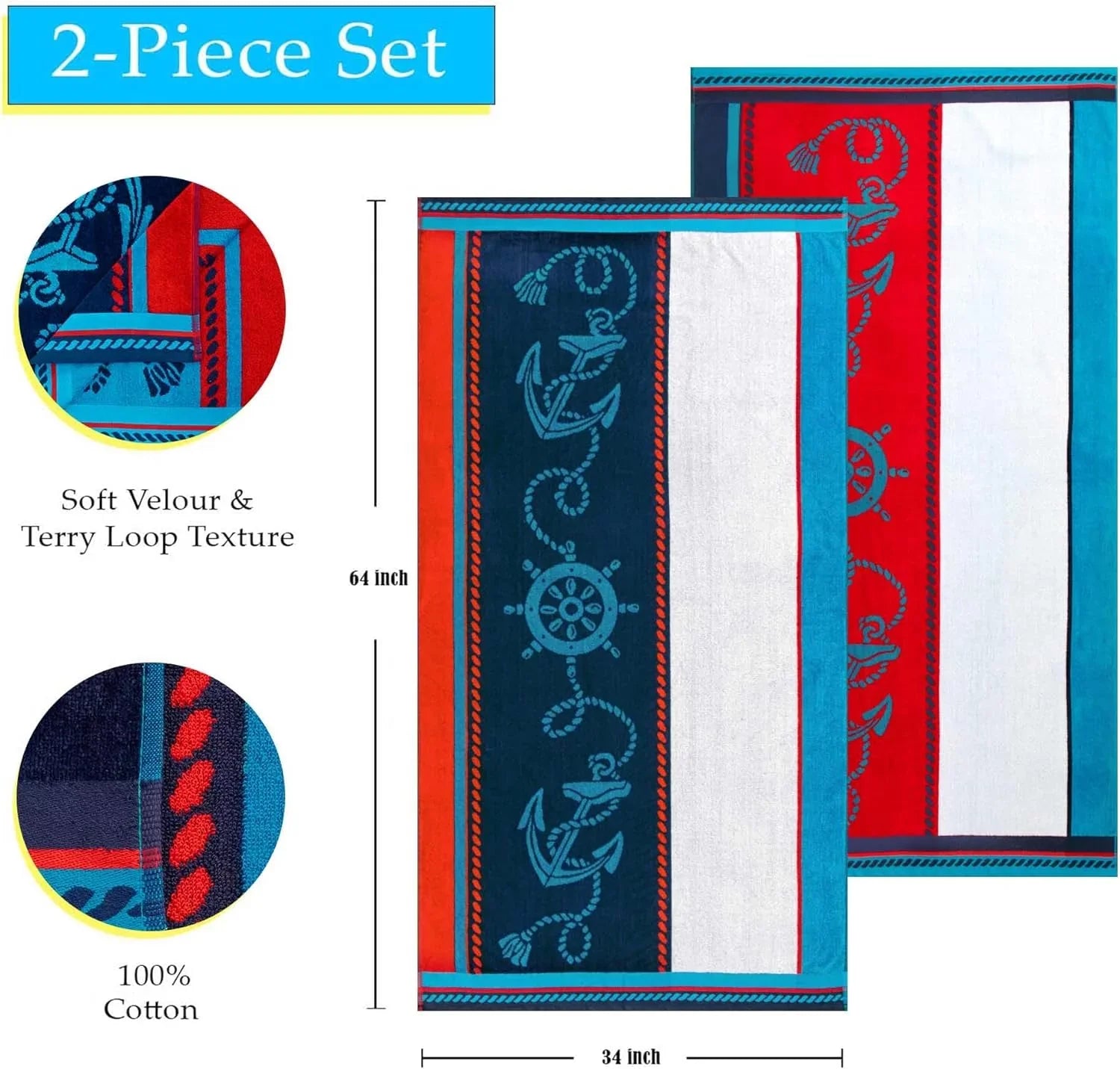 Collection, Vacation, Piece Cotton 64", Absorbent, Pool, For Quick Striped Kids, X 34" Adults, Towel Dry, Shower, Swimming, Set Camping, Blue/Red/White, Travel, Sailing 2 Beach Bathroom,