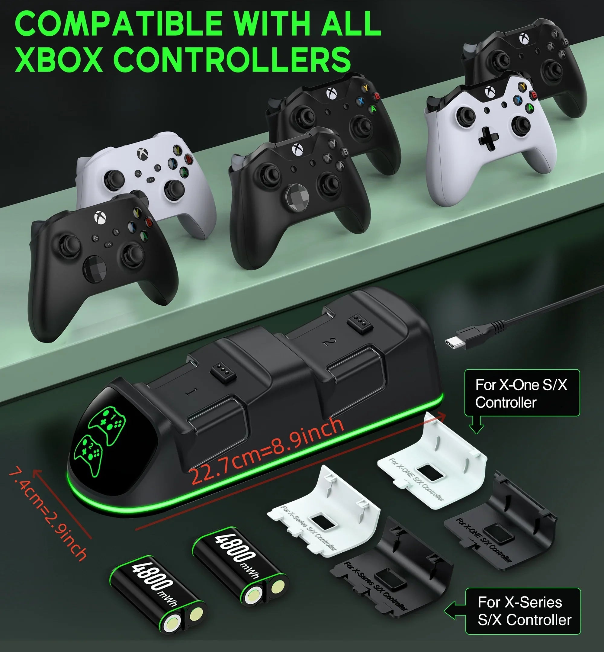 Charger DinoFire Charging with Xbox Rechargeable X|S/Xbox for Battery Packs, Station Xbox Series one/Elite Xbox Series Controller Controller 2x4800mWh X