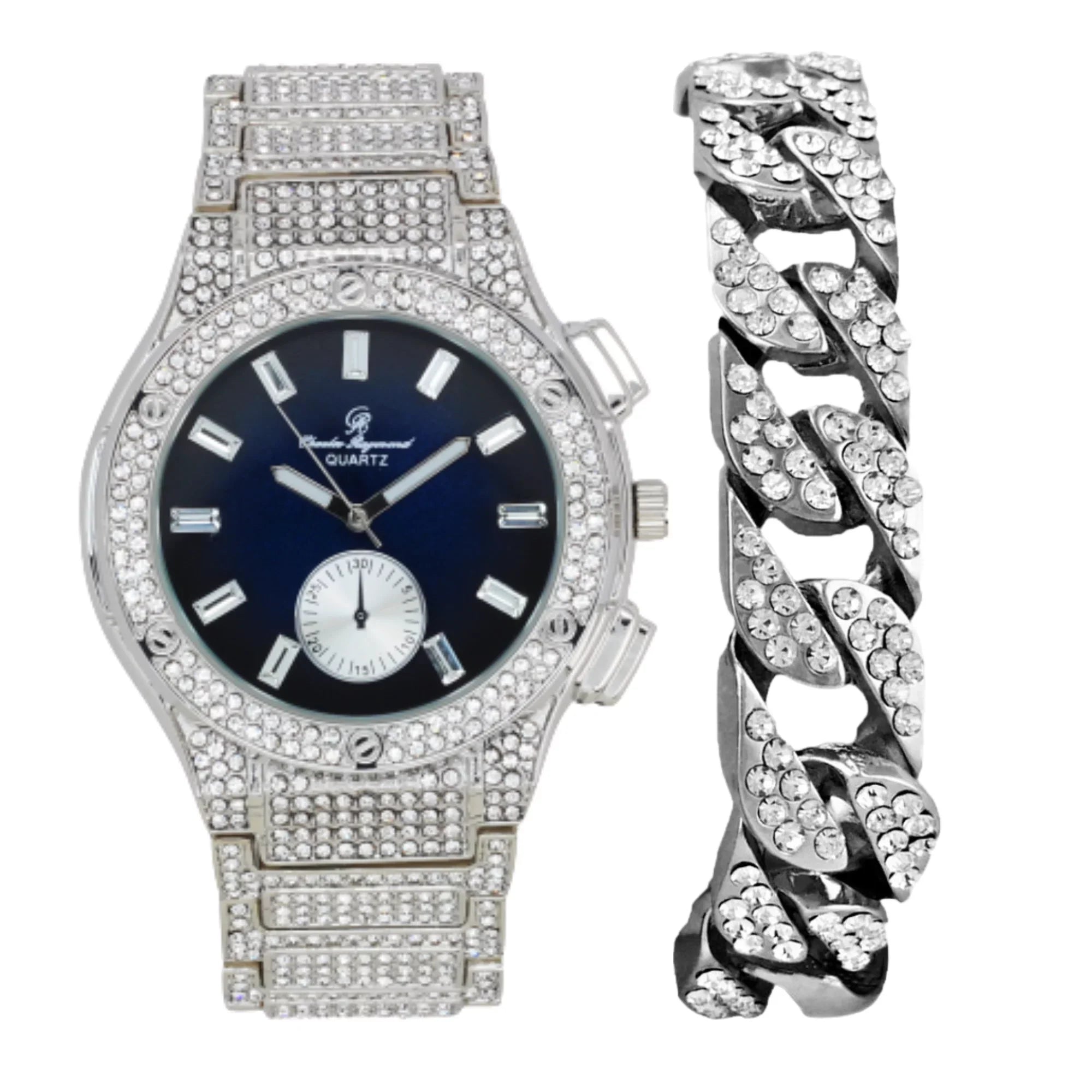 ST10311 -C Charles - MB on Blast Hop Timepiece- Men's Big Raymond Inspired by Bling Diamond Blue Out - Rhinestones SLV Iced Hip Watch