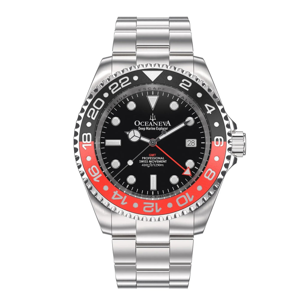 Stainless Diver Black- Men's Oceaneva™ Explorer Marine Steel Bracelet Red and Quartz, Pro 1250M Swiss Movement Watch GMT Deep
