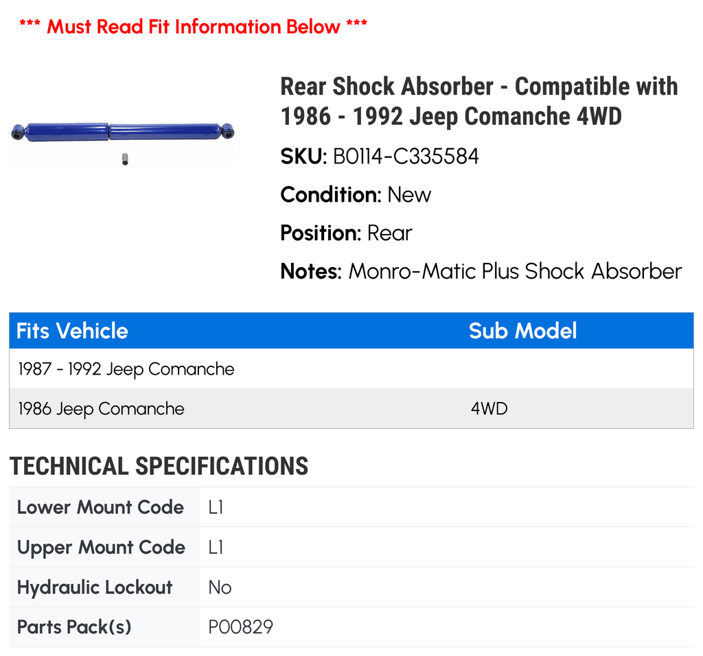 1986 Compatible Comanche 1988 4WD 1989 1990 Absorber 1992 with 1987 1991 Jeep - - Rear Shock