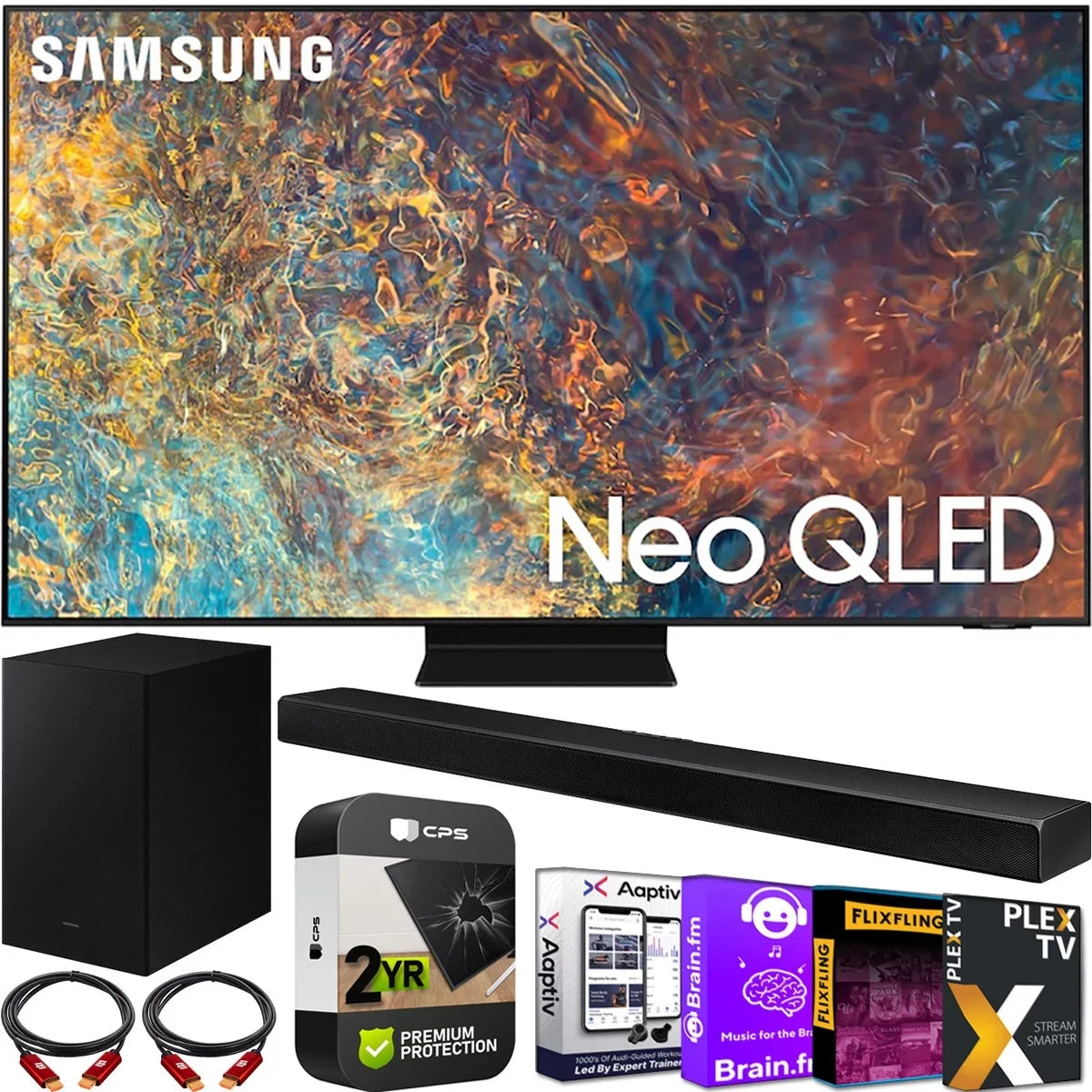 Gear 2 Cables Protection Streaming 3.1ch Pack with QLED Bundle Subwoofer QN75QN90AA TV 2 TV Smart Year Premium HDMI with Extended Kit HW-A650 and 75 4K Plan Inch Deco Soundbar Neo (2021)