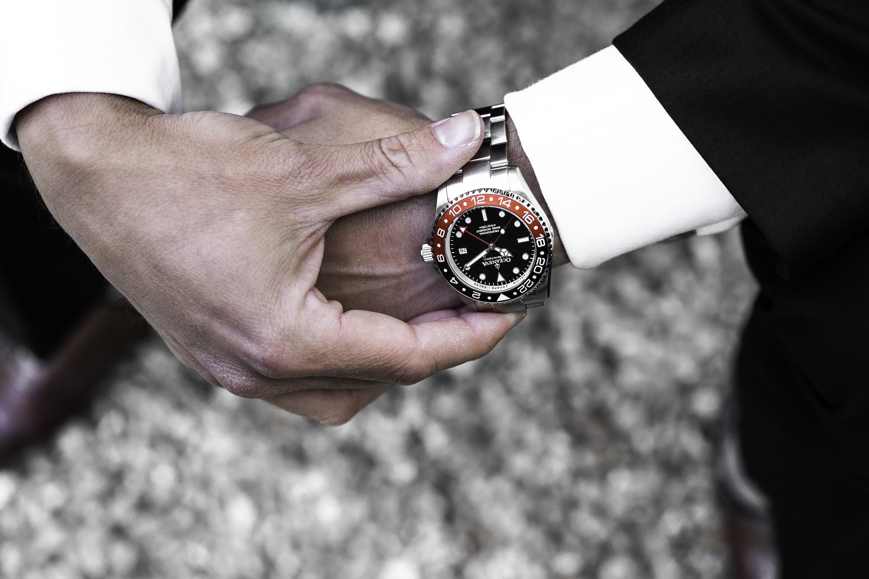 Stainless Diver Black- Men's Oceaneva™ Explorer Marine Steel Bracelet Red and Quartz, Pro 1250M Swiss Movement Watch GMT Deep