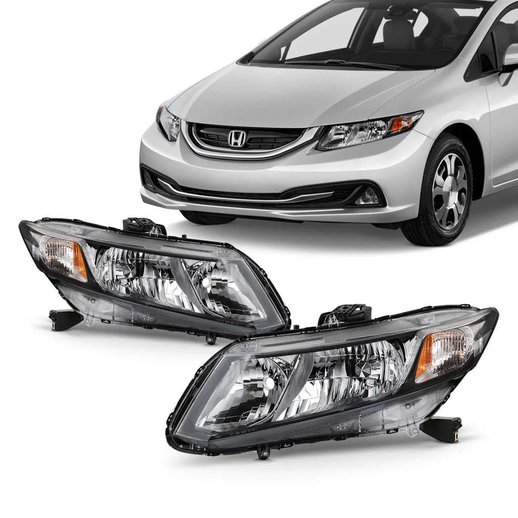 Civic Headlamps Sedan Fits Type] Chrome Coupe 2013 Left+Right 2014 12-13 [Halogen Headlights Pair Honda 2012 - 2015 AKKON
