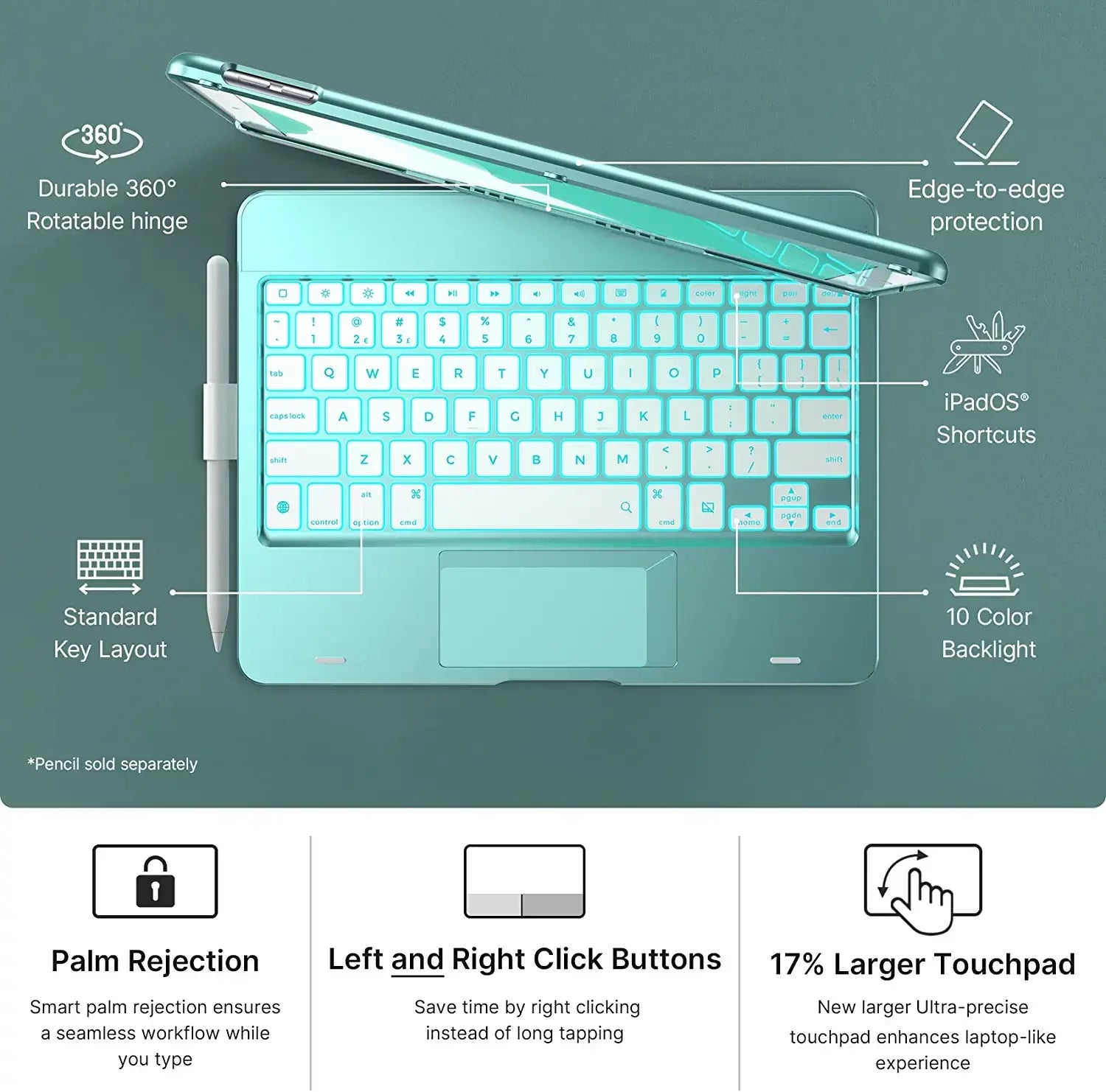 Generation iPad with iPad 10.2-inch Protective 10.5, 7th 8th 9th Typecase Backlit Cover Holder Gen, Trackpad (2020), Case Pencil Generation (2021), Keyboard for Slim (Seafoam) 3, with Wireless Pro Air