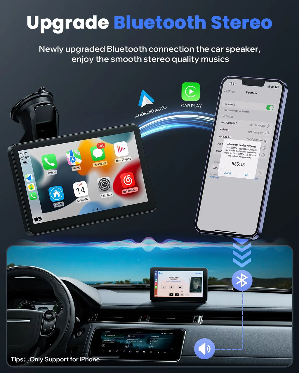for Auto Car GPS Carplay for 7" Cars, AUX, Screen Bluetooth, Stereo with Car Radio Receiver Airplay, Voice Android Wireless with Control, Navigation HD Portable Vehicles FM, Touch All TOGUARD