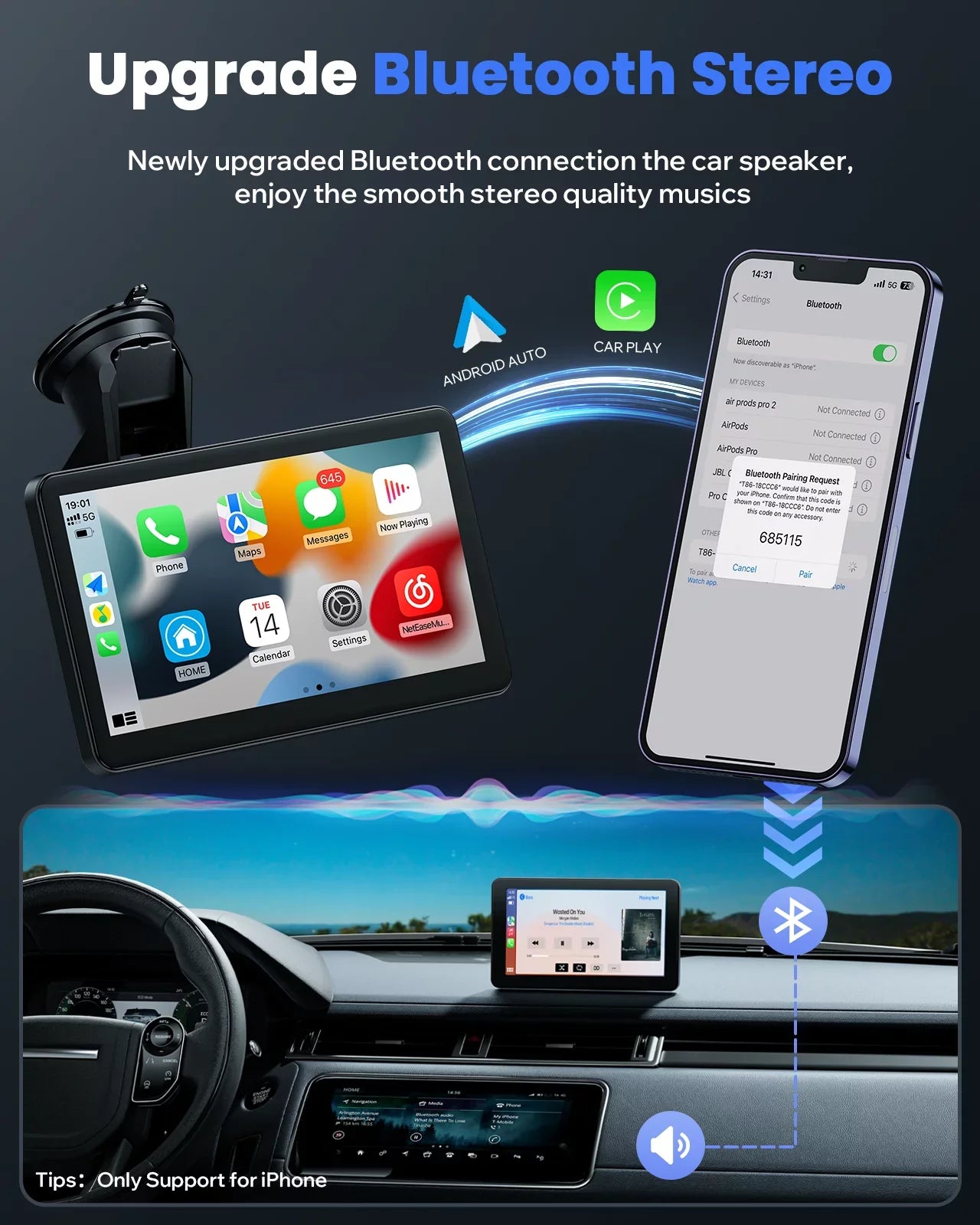 for Auto Car GPS Carplay for 7" Cars, AUX, Screen Bluetooth, Stereo with Car Radio Receiver Airplay, Voice Android Wireless with Control, Navigation HD Portable Vehicles FM, Touch All TOGUARD