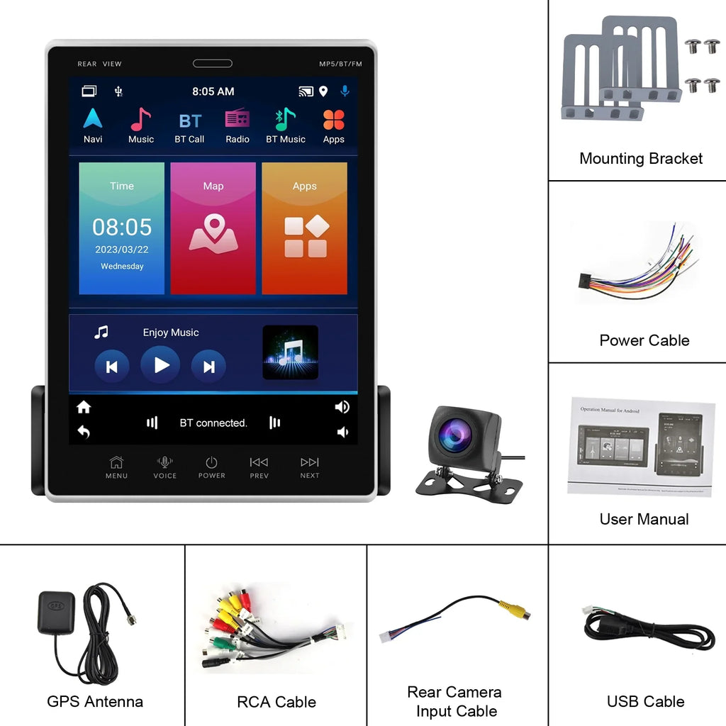 Rear Car Stereo 9.5Vertical Camera GPS Radio FM screen 2Din WIFI Receiver Suppport Bluetooth Radio