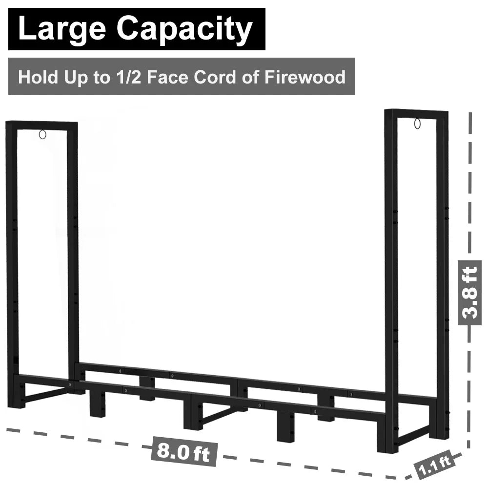 Wood Fireplace Koutemie Adjustable Storage, for Stand, 8Ft Holder Log Black Stacker Firewood exterior Fire Rack