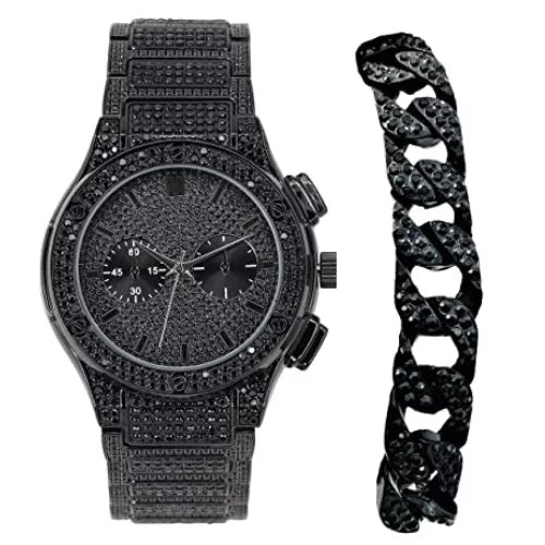 Iced - Big Cuban Hip Timepiece Watch Inspired Bling Faux Black Mens - Metal Blast Hop Rhinestones by - Eyes - Bracelet Diamond on w/Miami Out Chrono Cuban