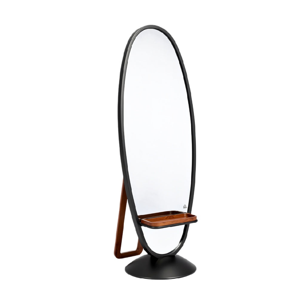 Sleek Modern Mirror with Wooden Shelf and Unique Oval Design