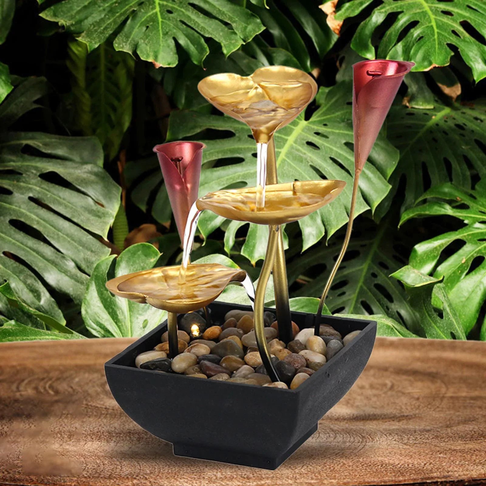 Light Home Farmhouse Tabletop Fountain Indoor for liquid LED liquid Garden Warm with Circular Fountain Waterfall Lighted Decoration