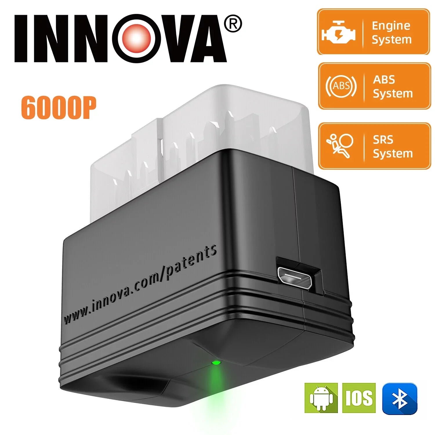 Tool Innova Car Airbag System Engine Scanner Automotive Light Wireless Scanner SRS OBDII Android 6000P for Check Diagnostic Code OBD2 Read Vehicle Phones Bluetooth IOS 12V Clean ABS Code and Reader