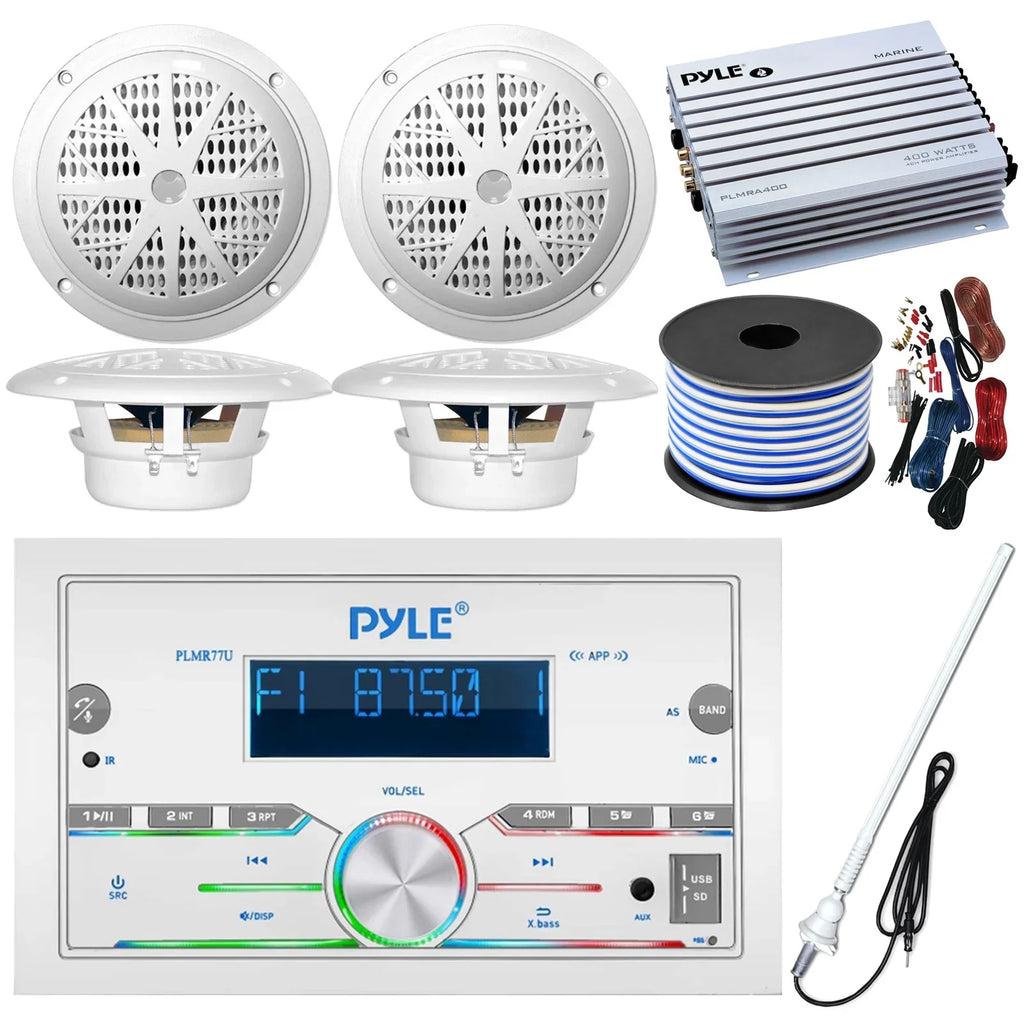 White Pyle Radio Pontoon Marine Speaker Audio Amplifier, Wire, Amp Receiver, Gauge 4-Channel Bluetooth Double 50 4x FT DIN Boat 18 Installation 21-29' Waterproof 6.5'' Speakers, Kit, Antenna Bundle: