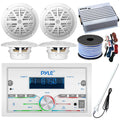 White Pyle Radio Pontoon Marine Speaker Audio Amplifier, Wire, Amp Receiver, Gauge 4-Channel Bluetooth Double 50 4x FT DIN Boat 18 Installation 21-29' Waterproof 6.5'' Speakers, Kit, Antenna Bundle: