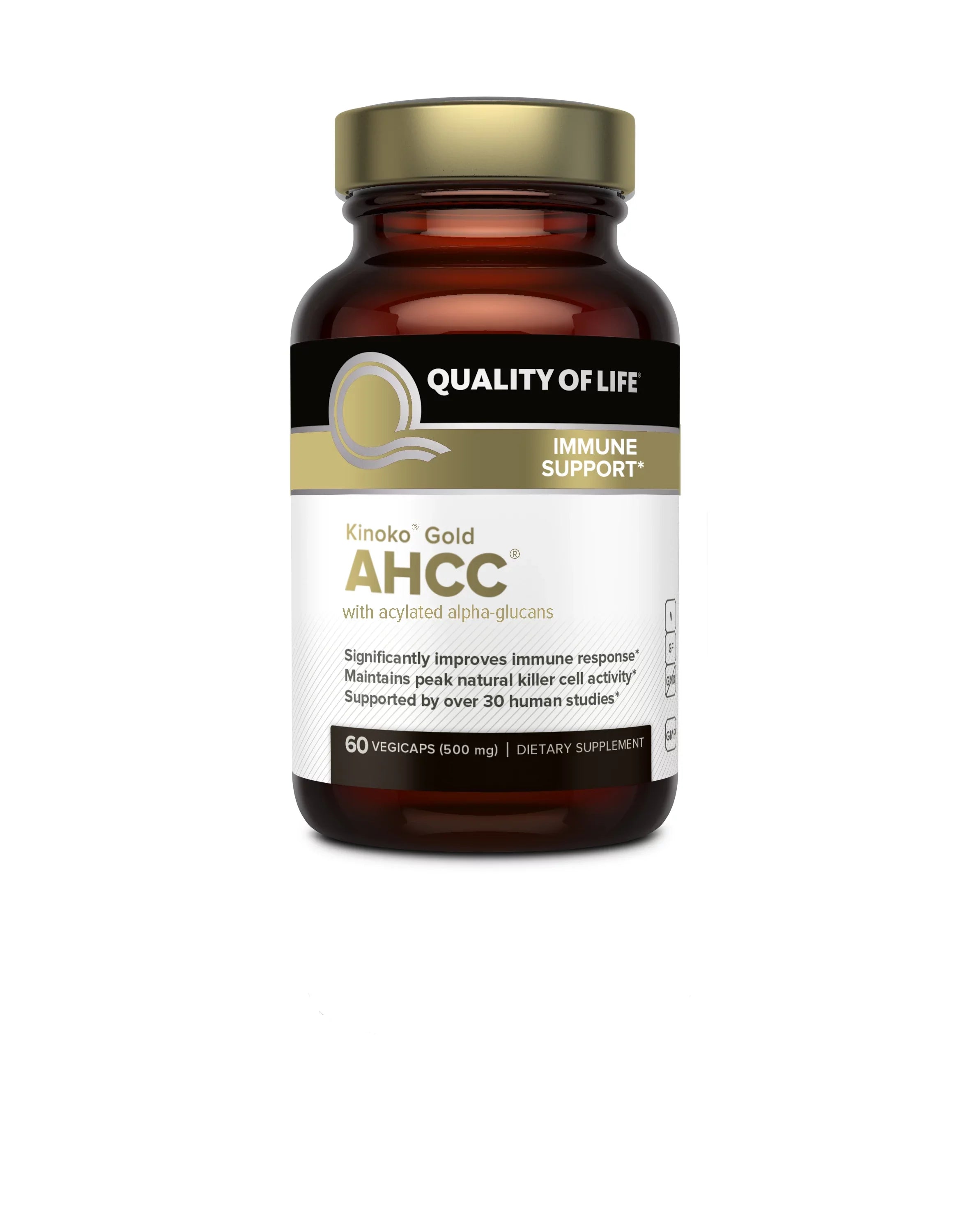 Kinoko Capsule–Supports Gold Capsules Veggie Function, Production–60 Cytokine Killer Cell & AHCC Natural Supplement–500mg per Activity AHCC Health, Liver Maintains Premium Immune Enhances of