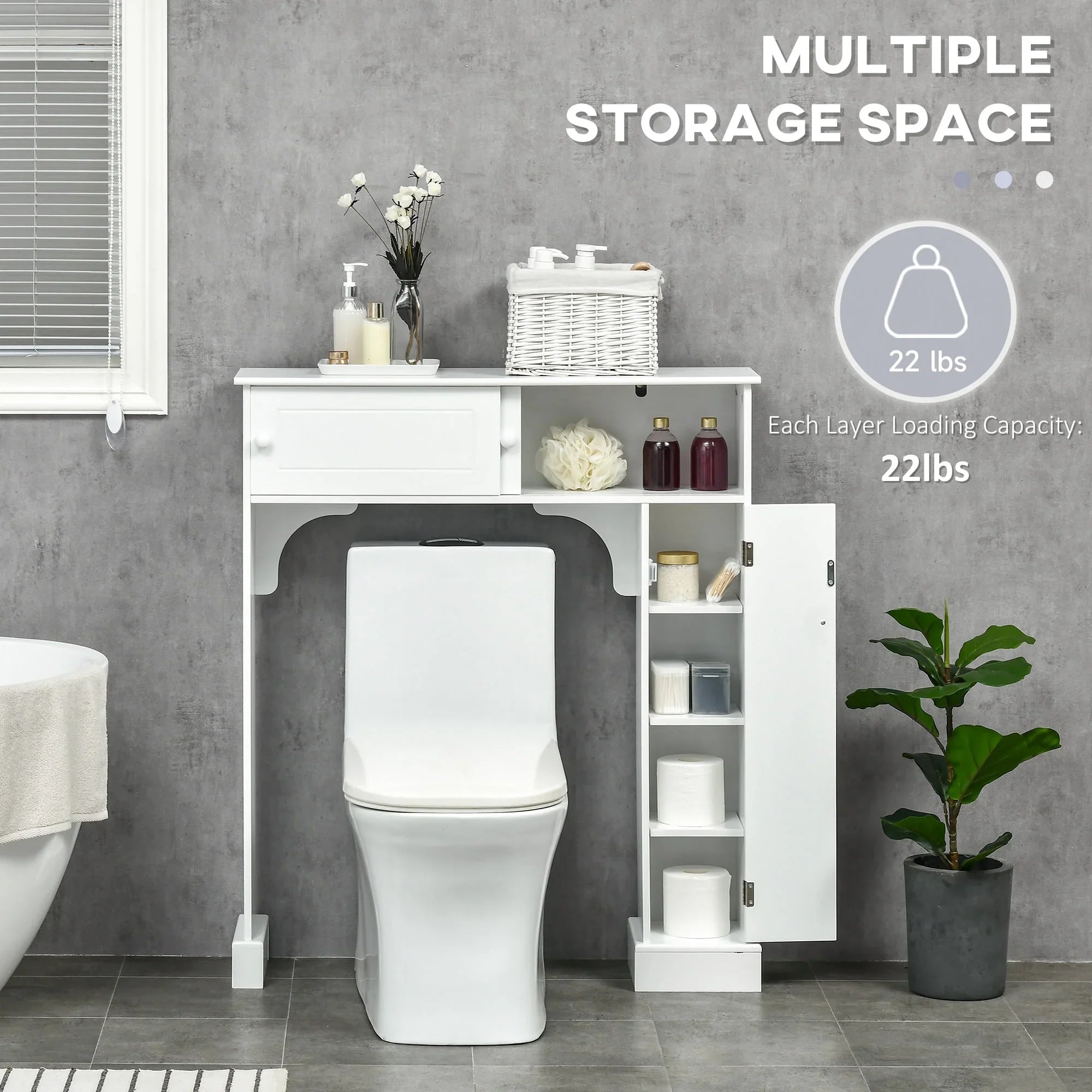 Over Freestanding Toilet Shelves, Storage Organizer Cabinet, kleankin Bathroom White Toilet Rack, with Adjustable the Bathroom
