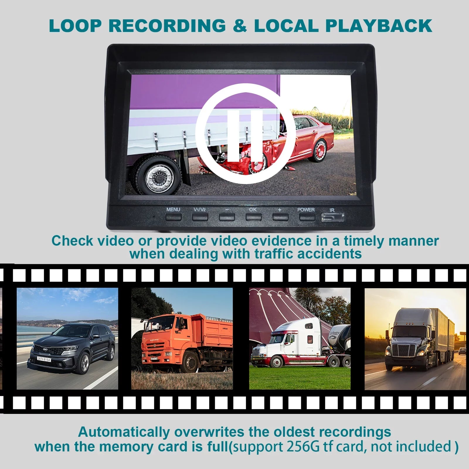 with Truck Monitor Backup 7" Video Recorder Bus+2 Camera DVR Driving for RV BSD