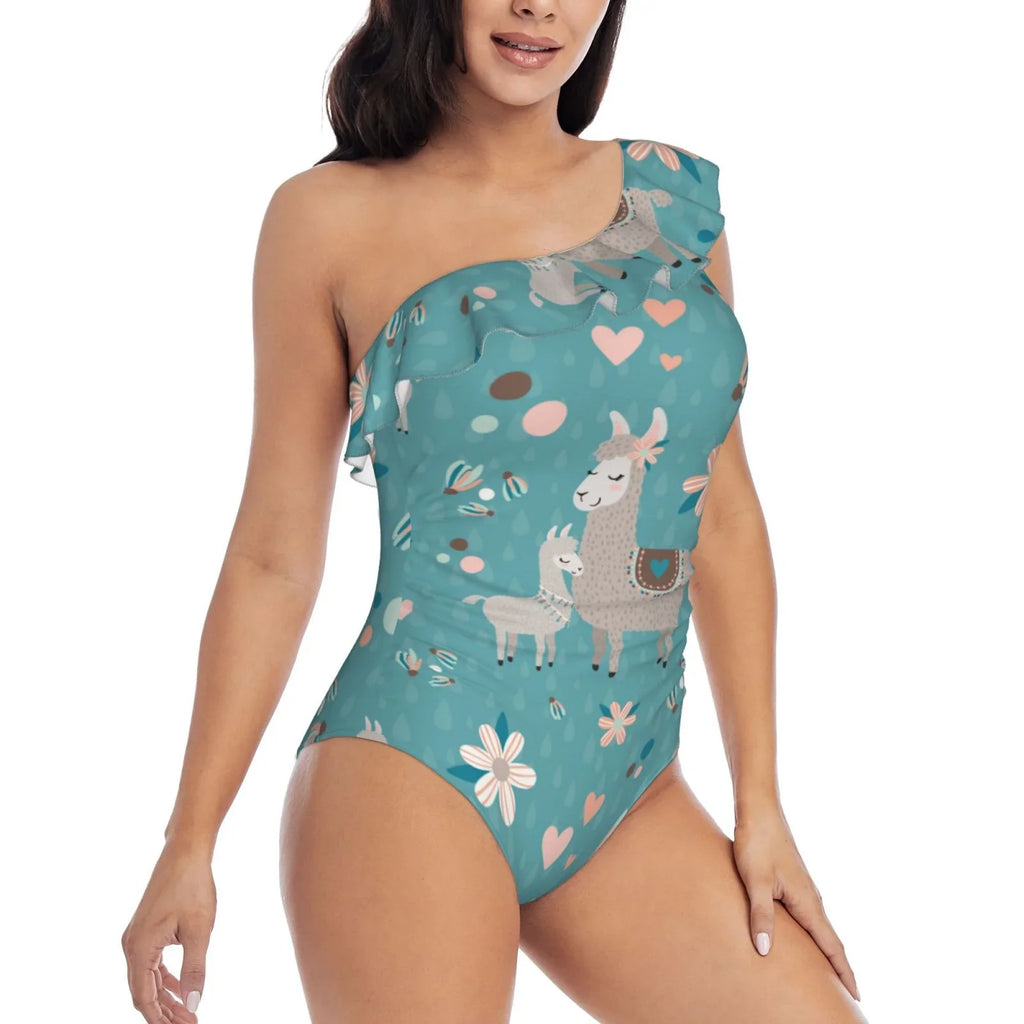 Small Monokinis - Llama Suits Piece One Swimsuits Coaee Women's Mama Teal Asymmetric Bathing Swimwear One Shoulder Ruffle