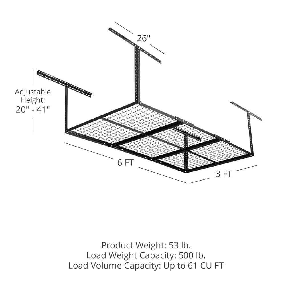 Capacity, 6' Overhead Mount Adjustable for Loading 20" 500 Organization 3' x with Garage Metal Wire Storage LB Bins Storage Ceiling Rack, Height, Titan System, 41" Attachments to Equipment Grid Bikes