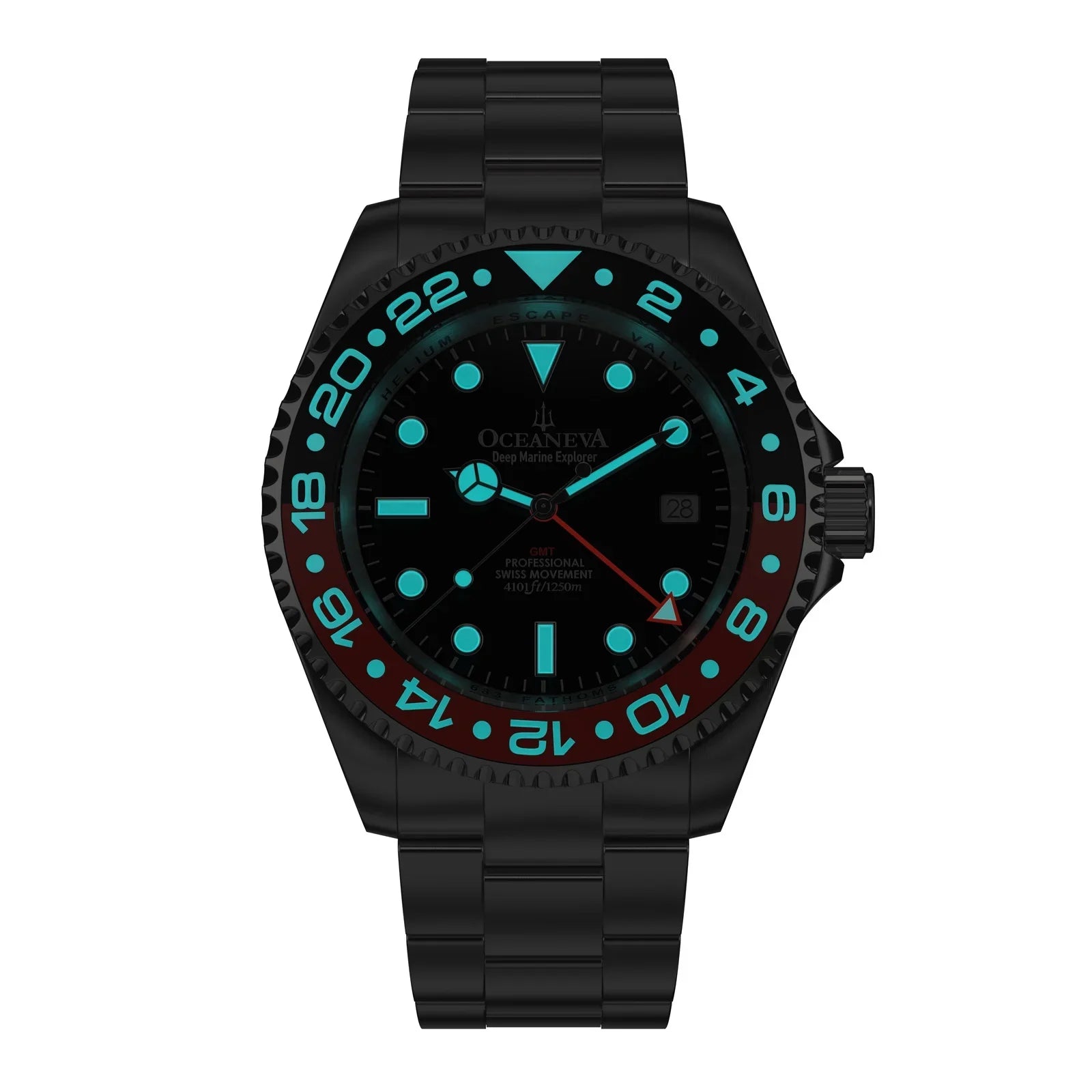 Stainless Diver Black- Men's Oceaneva™ Explorer Marine Steel Bracelet Red and Quartz, Pro 1250M Swiss Movement Watch GMT Deep