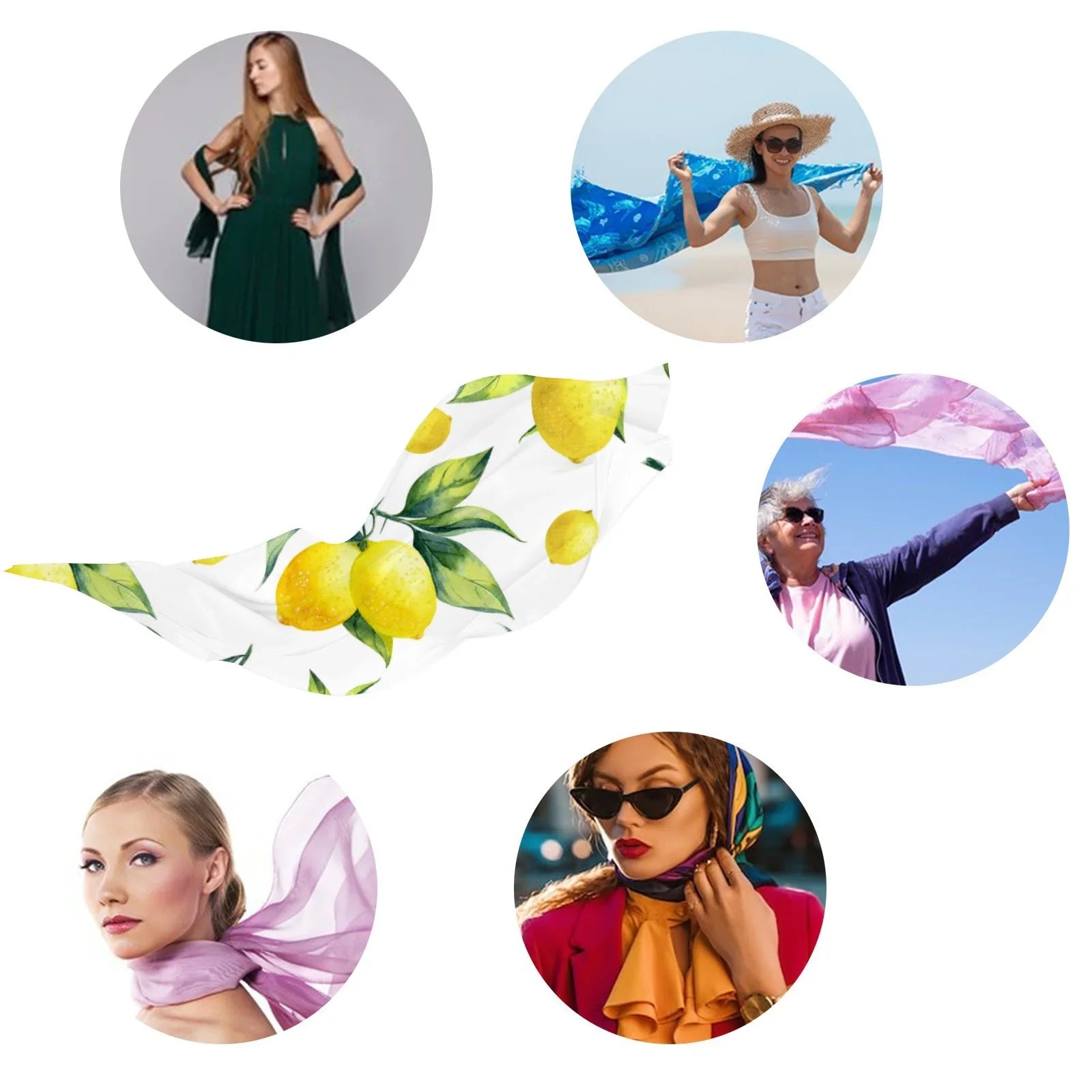 Packed Lemon Wraps Oblong Women Sunscreen Long Hair Wraps Silk Headscarf FREEAMG Shawls Neck for Gift Large Scarf