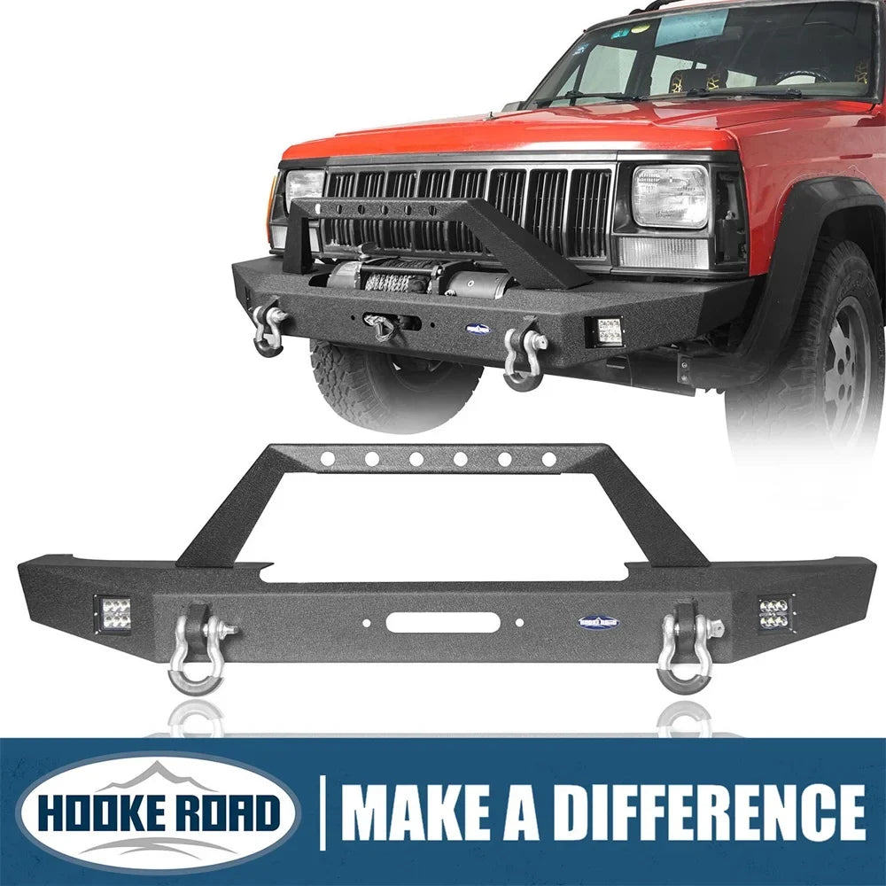 W/ XJ Winch Road 1984-2001 Plate & Front Steel Spotlights Bumper LED Fit Hooke Jeep Cherokee