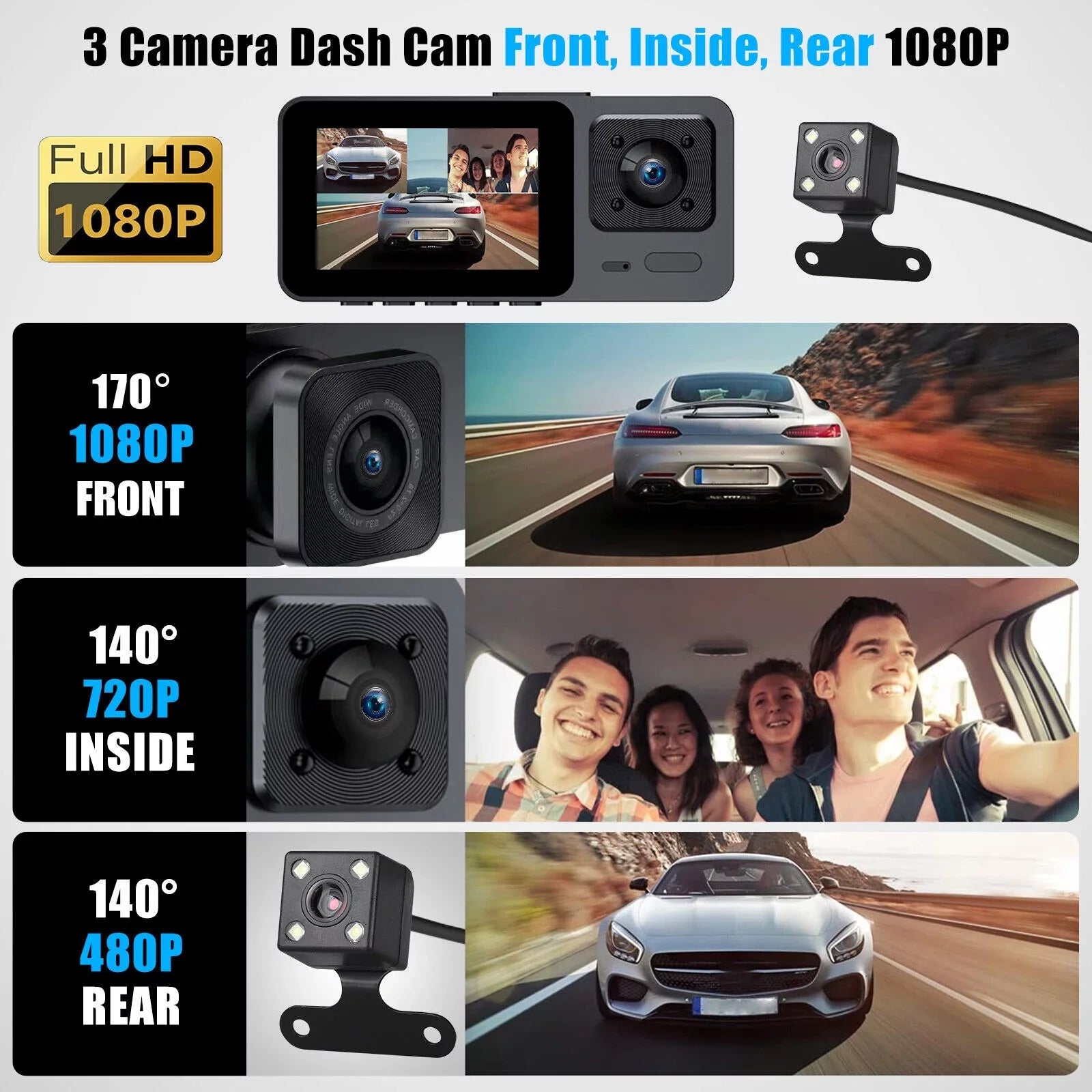 Video G-Sensor Inside DVR Dash Camera Car Cam Recorder 3 Front Lens 1080P Rear