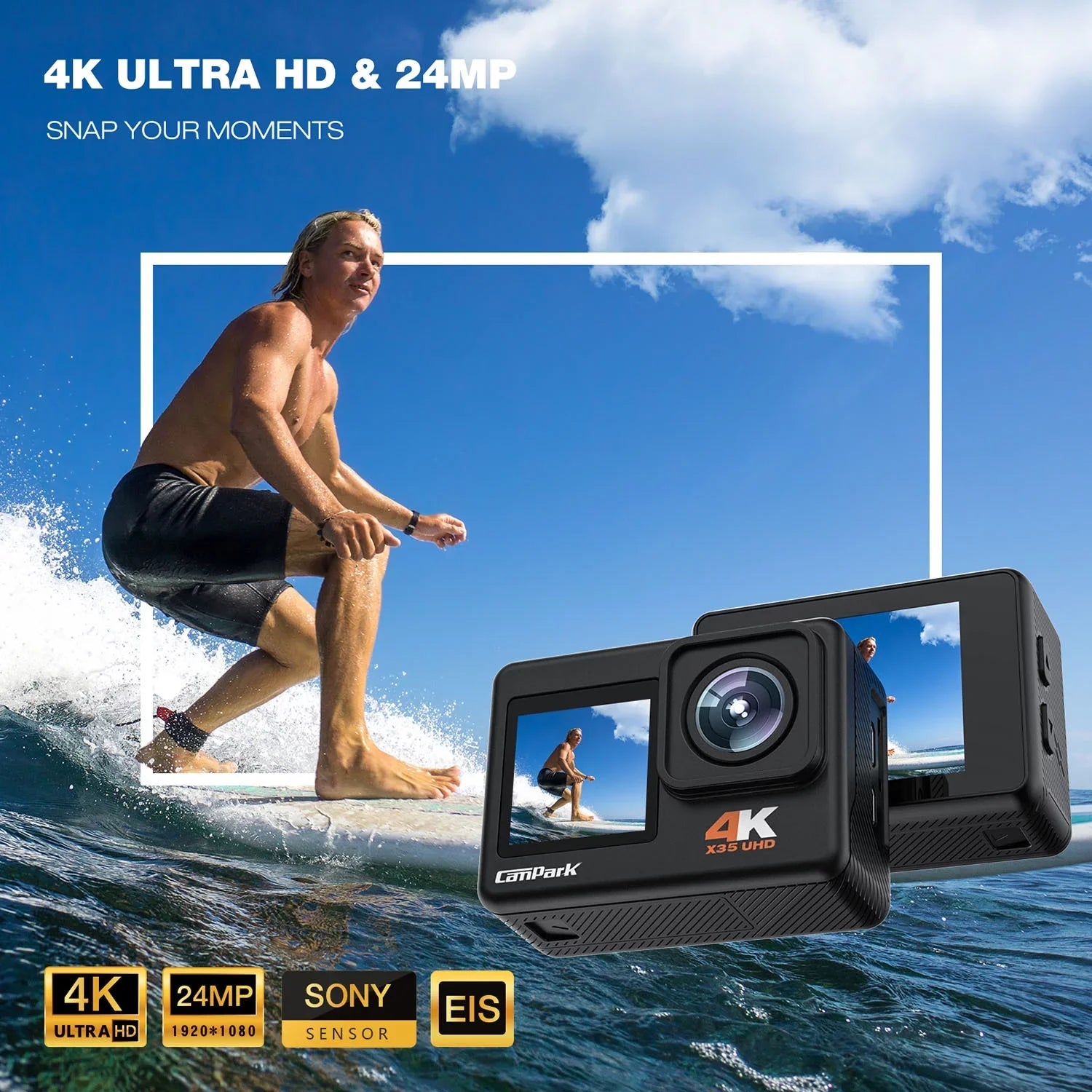 Camera 131FT CAMPARK Ultra Dual Camera Underwater Angle EIS 170 Waterproof Screen Action 24MP Wifi 4K/30FPS HD Color Wide Degree Camera